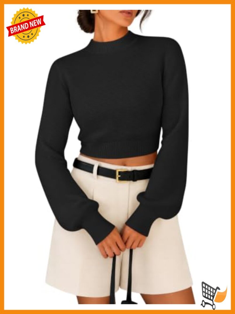Women's Mock Neck Cropped Sweater Long Sleeve Ribbed Knit Pullover